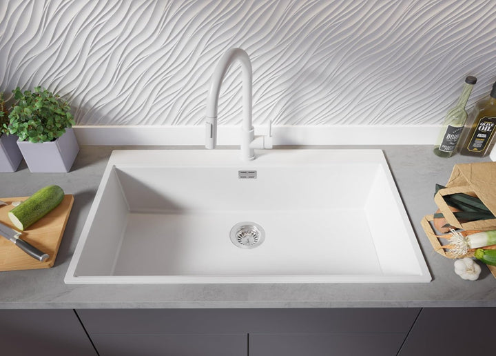 Spülbecken Weiss 90x50 cm, Granitspüle + Ablauf-Set + Küchenarmatur 5000, Küchenspüle für 90er Unter