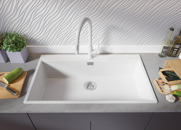 PRIMAGRAN Granitspüle Weiss 88x50cm, Spülbecken 1 Becken + Ablauf-Set + Küchenarmatur 40x22cm, Küche