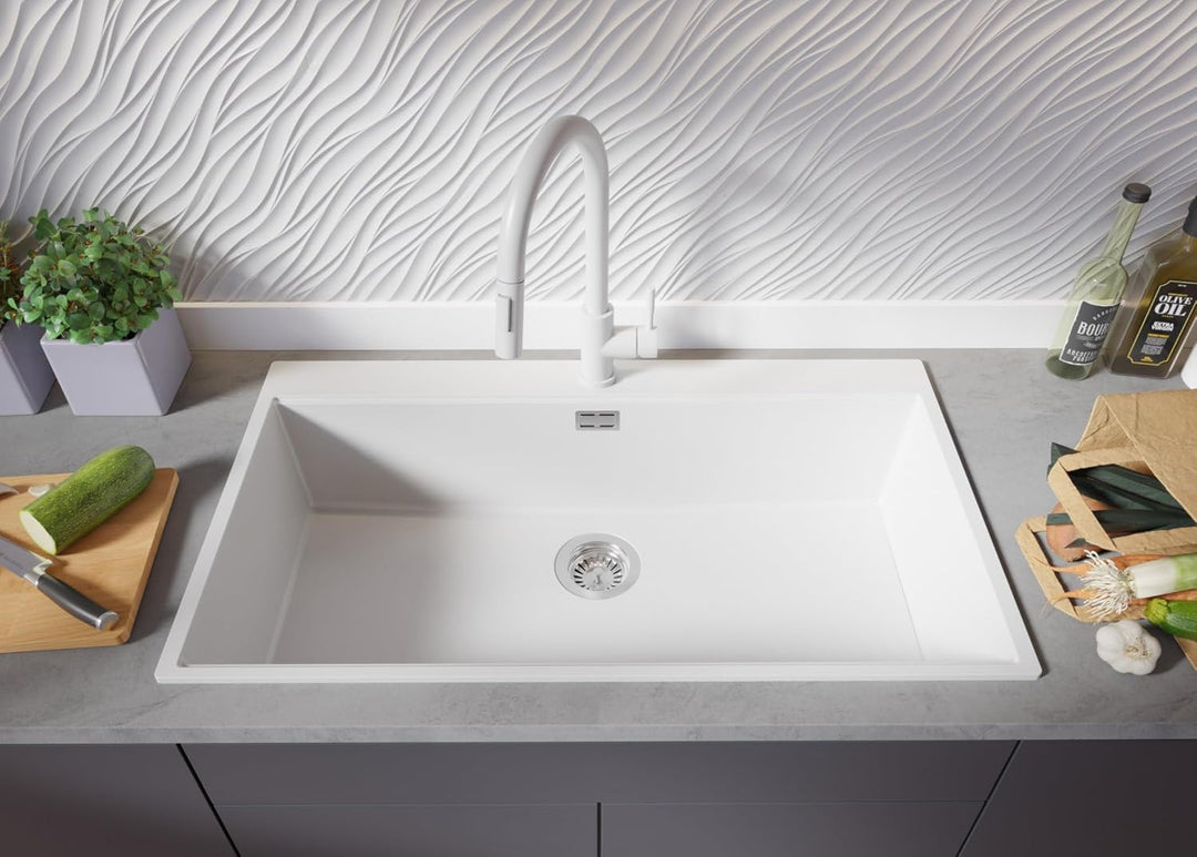 Granitspüle Weiss 90x50 cm, Spülbecken + Ablauf-Set + Küchenarmatur 9000, Küchenspüle für 90er Unter