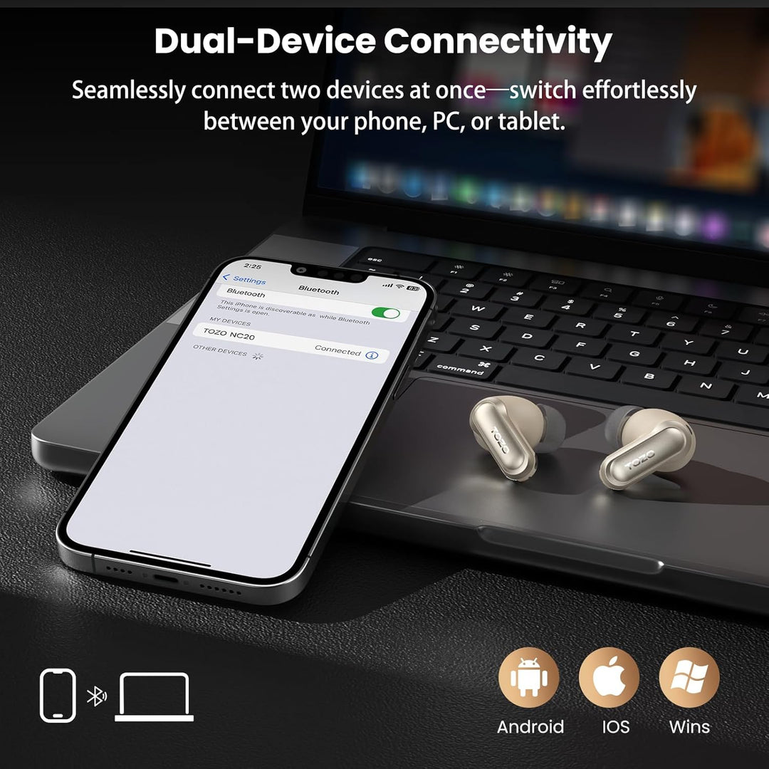 TOZO NC20 Bluetooth-Kopfhörer 6.0,6 Mics & ENC AI für kristallklare Anrufe,LDAC Hi-Res Audio,IPX8,Ve