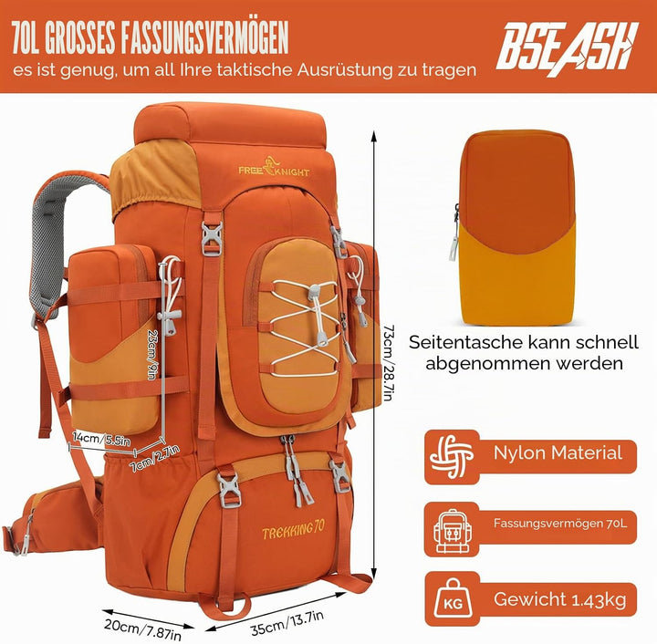 Bseash 70L (65+5) Wasserdichter Wanderrucksack mit Regenschutz, Outdoor-Sport, Reisen, Tagesrucksack