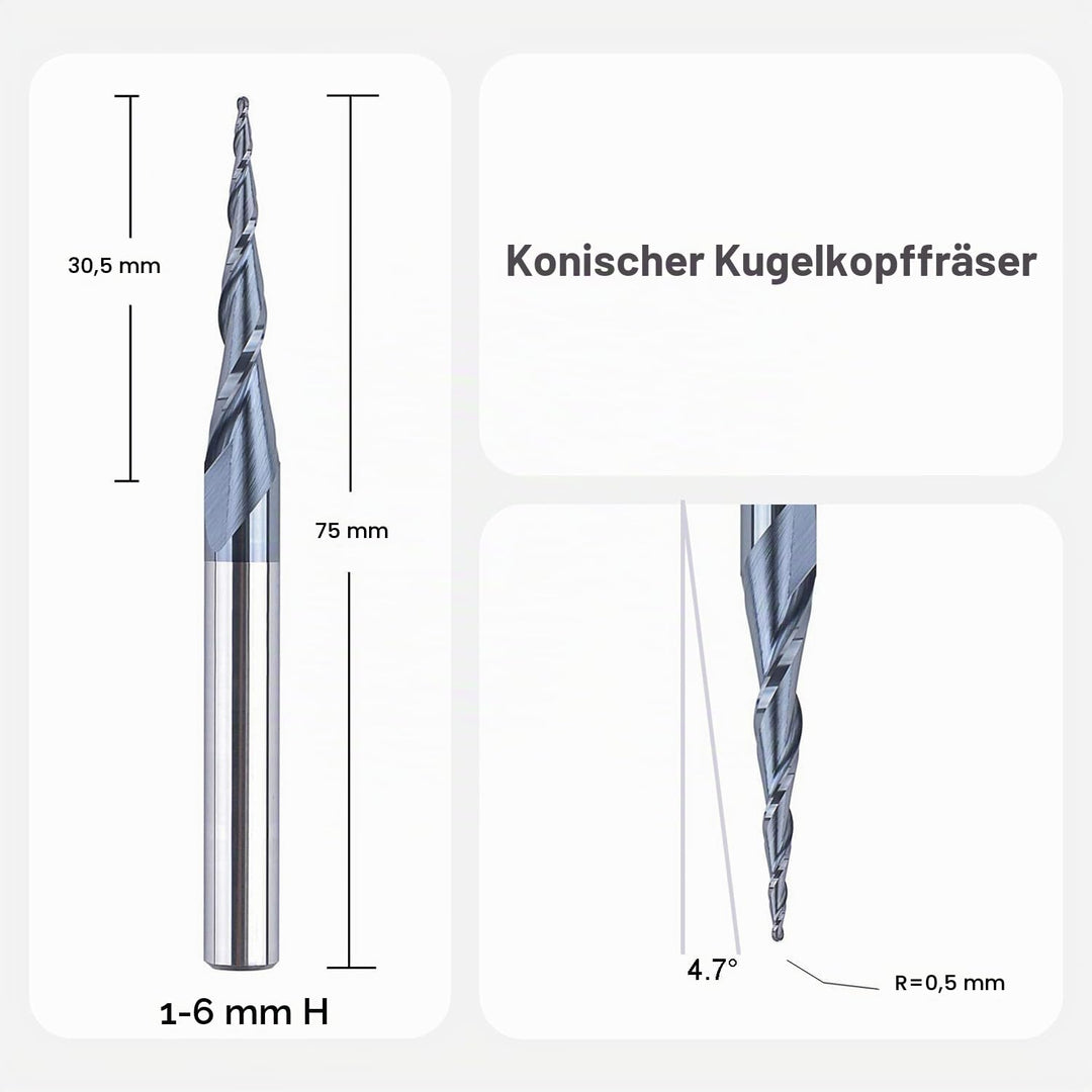 SpeTool VHM Kugelkopffräser Konische Fräser für Oberfräse CNC 2 Flöten 0,5 mm Radius Gravierfräser 6