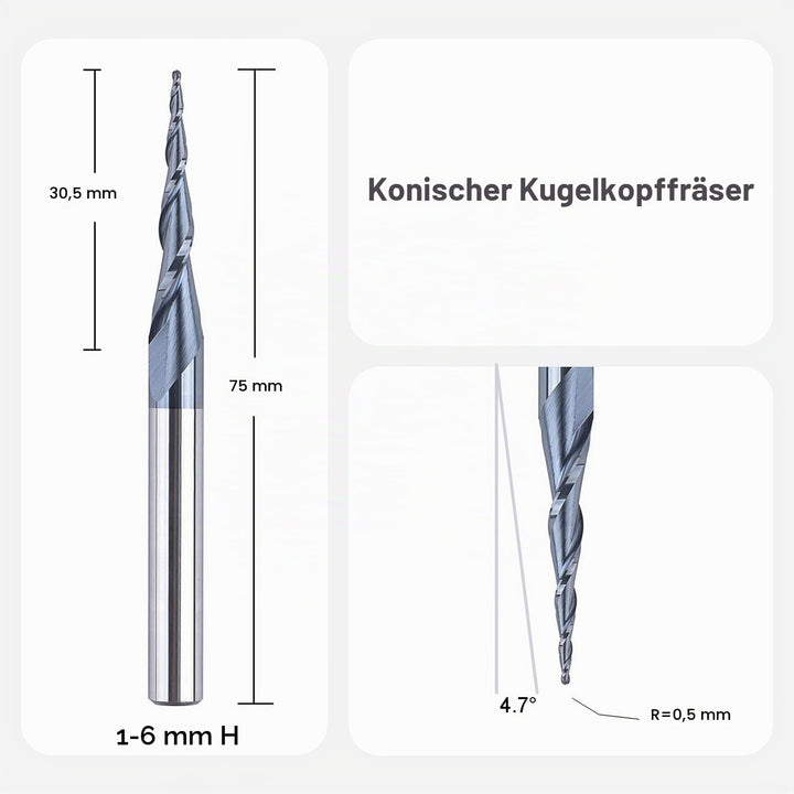 SpeTool VHM Kugelkopffräser Konische Fräser für Oberfräse CNC 2 Flöten 0,5 mm Radius Gravierfräser 6