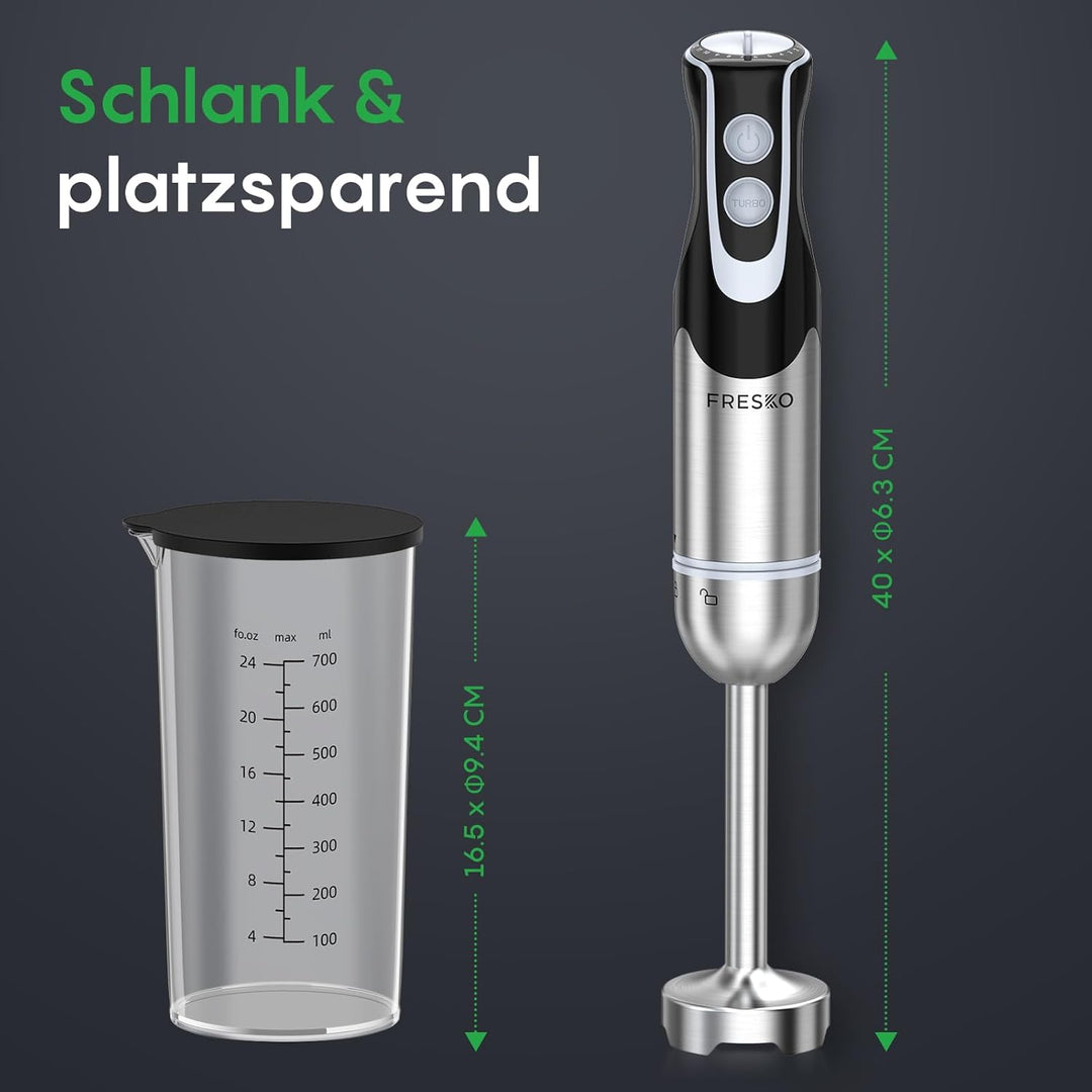 FRESKO Stabmixer, 1000W Edelstahl pürierstab mit 12 Geschwindigkeitsstufen, TURBO-Taste, 700ml Beche