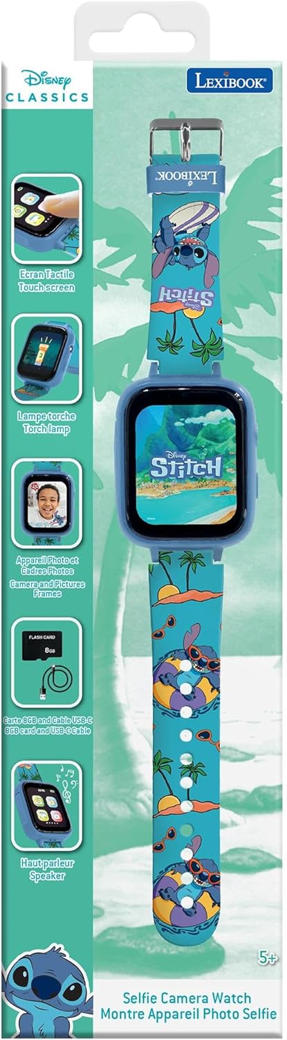 Lexibook, Disney Stitch, Selfie-Kamera-Uhr, HD-Touchscreen, 720p-Kamera, MP3-Player, integrierter La