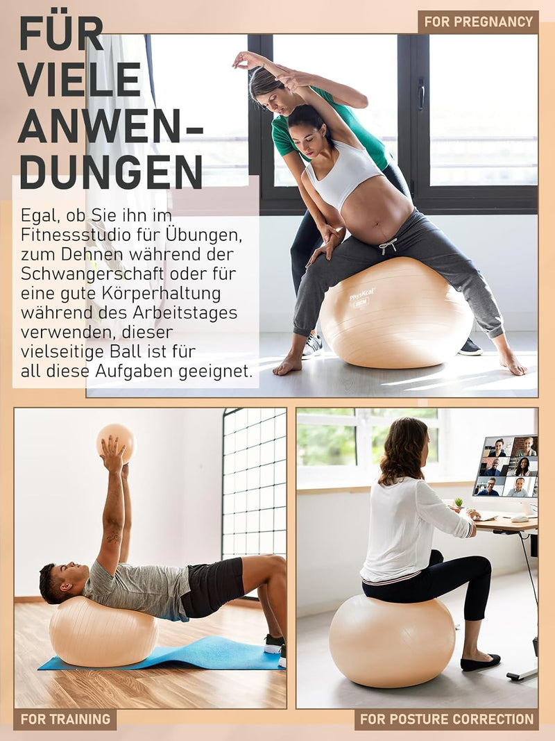 PhysKcal Gymnastikball in 55cm bis 85cm und 23 cm Pilatesball Set inkl. Luft-Pumpe | Berstschutz Gym