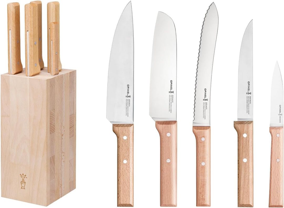 Opinel Parallele Bread Messerblock mit 5 Messern, Messerblock aus Buchenholz gefertigt, Messerset, 2