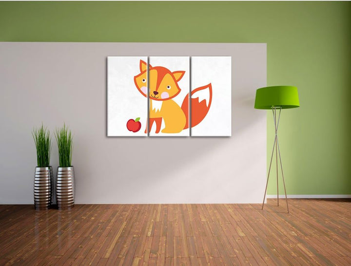 Pixxprint Niedlicher Fuchs mit Apfels als Leinwandbild/Grösse: 3 Teilig (120x80) cm/Wandbild/Kunstdr