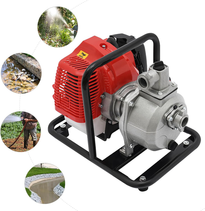 Benzin Wasserpumpe, 2-Takt-Motor Wasserpumpe mit 1200ml Ölflasche, 43CC Gartenpumpe Selbstansaugend,