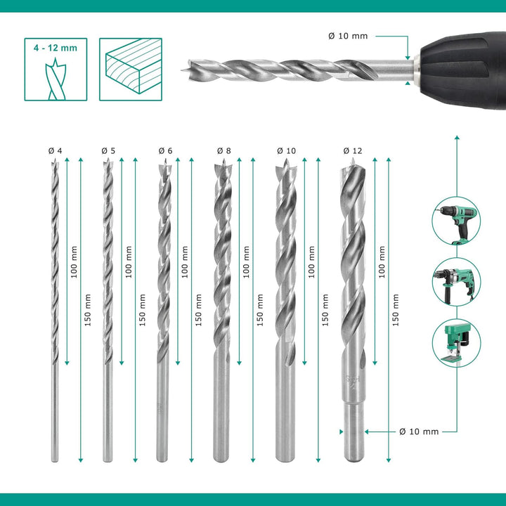 ENT 09256 6-tlg. Holzbohrer-Set HSS-G, Ø 4-12 mm, Nutzlänge 100 mm, Gesamtlänge 150 mm 6-tlg. Set Ø