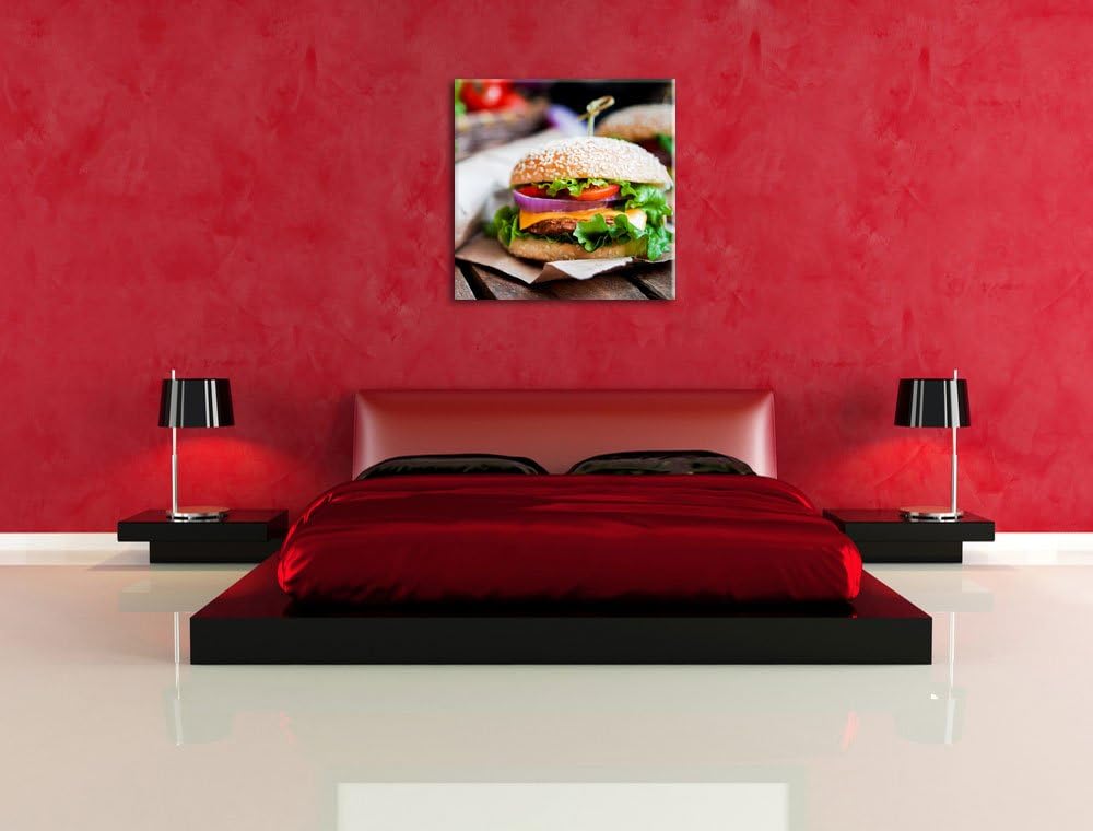 Leckerer Burger und Pommes, Format: 70x70 auf Leinwand, XXL riesige Bilder fertig gerahmt mit Keilra
