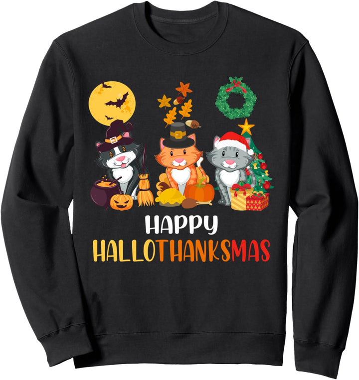 Katze Halloween Weihnachten Happy Hallothanksmas Thanksgiving Sweatshirt