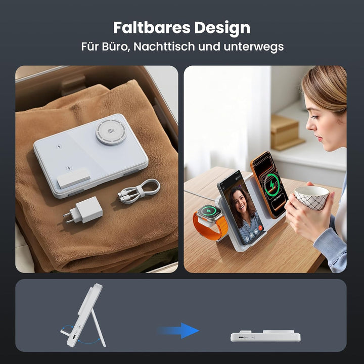 Dual Induktive Ladestation mit Nachtlicht für MagSafe – Faltbarer 4-in-1 Wireless Dock für iPhone, S