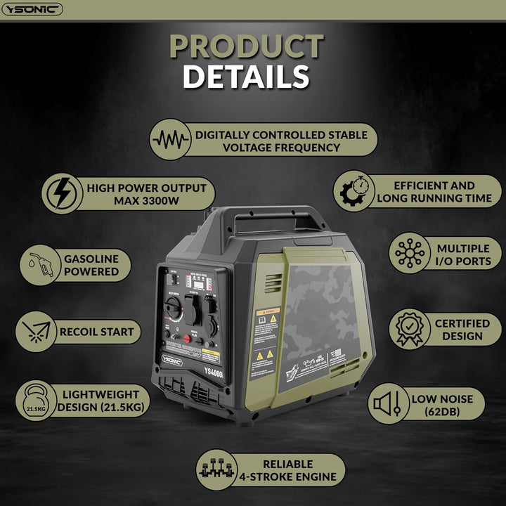 YSONIC 3300 Watt Wechselstrom-Generator Inverter mit 2xUSB, 230 V Steckdose - 62dB leiser leichter S