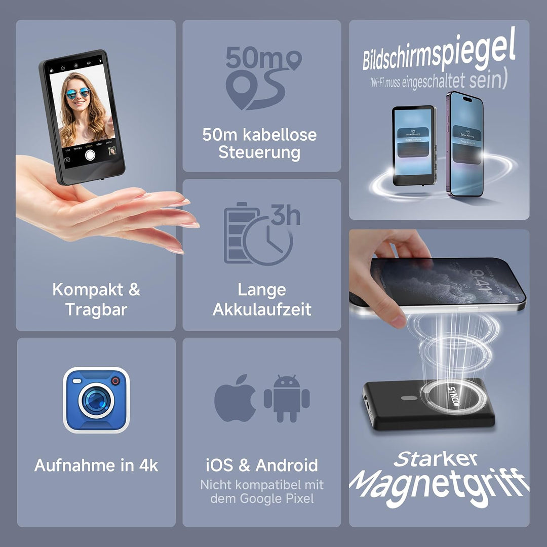 SYNCO XView Handy Selfie Monitor für iPhone 7-17 &amp; Android (Schwarz) | 50m Kabellos, 3H Akku, 1080p