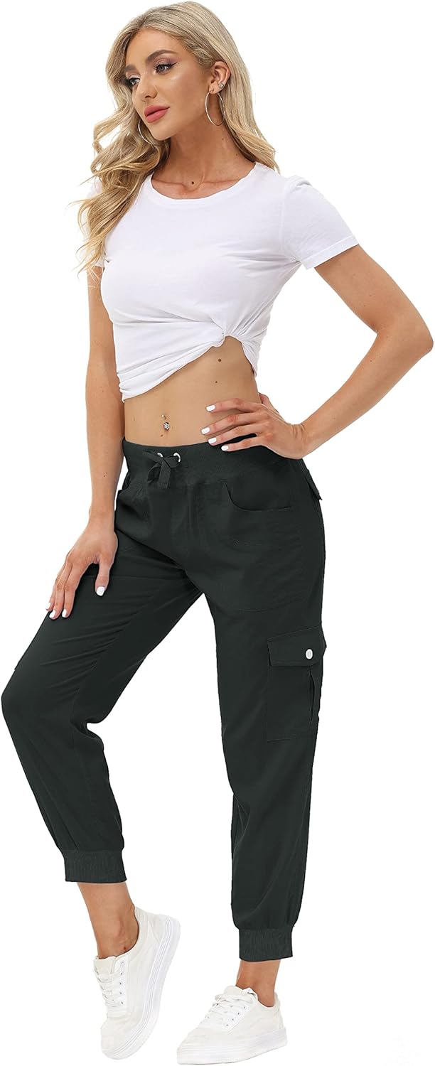 JINSHI Hosen Damen Cargohose Lange Capri Freizeithose Outdoor Jogginghose High Waist mit Kordelzug X