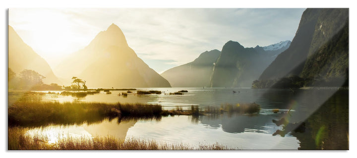 Glasbild Panorama | Wandbild aus Echtglas | Milford Sound Neuseeland | 100x40 cm | inkl. Aufhängung
