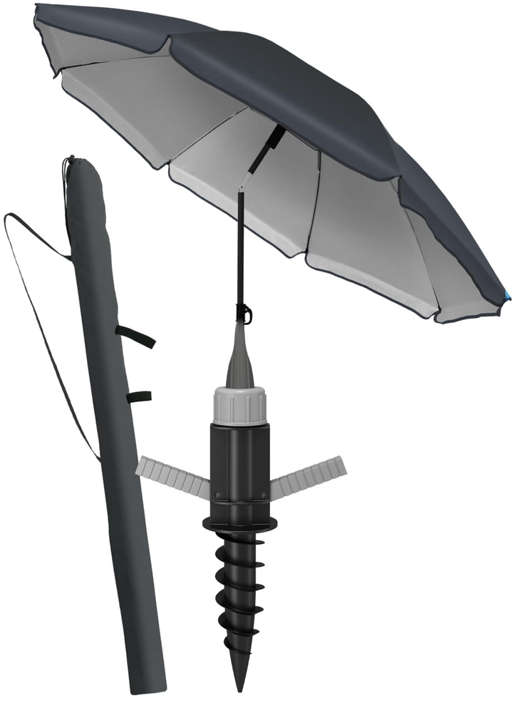 4smile Sonnenschirm Strand SunnyJoy 3-IN-1-SET, Fb. Anthrazit - Strandschirm Ø 180 cm + Bodenhülse +