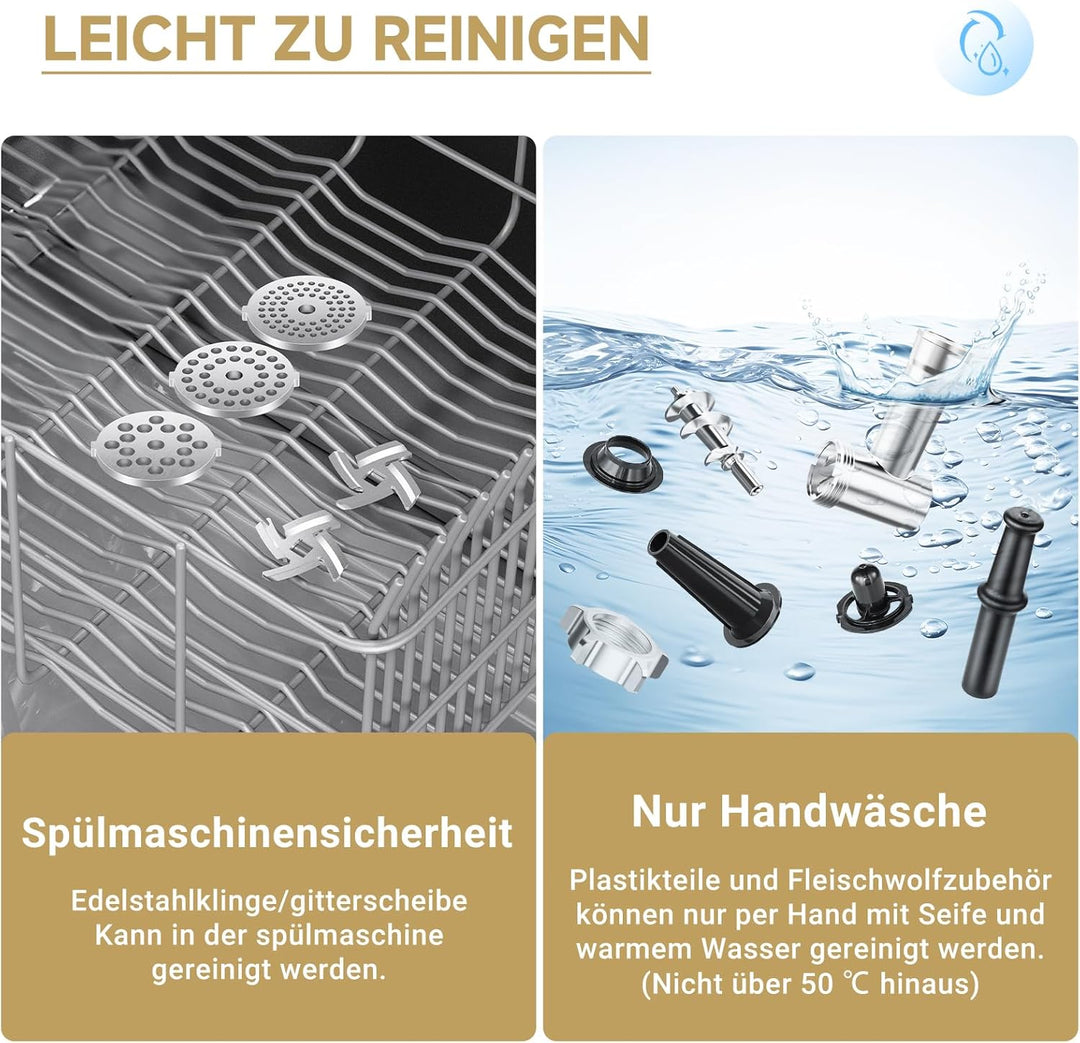 AAOBOSI Fleischwolf, 3-in-1 Elektrischer Fleischwolf [2800 W max] mit 2 Klingen, 3 Platten, Wurstfül