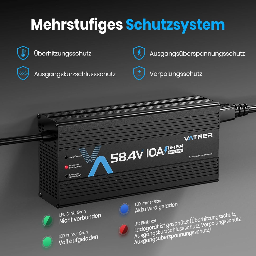 58.4V 10A LiFePO4 Ladegerät AC-DC Lithiumbatterieladegerät Mehrere Schutzfunktionen für 51.2V 48V Li