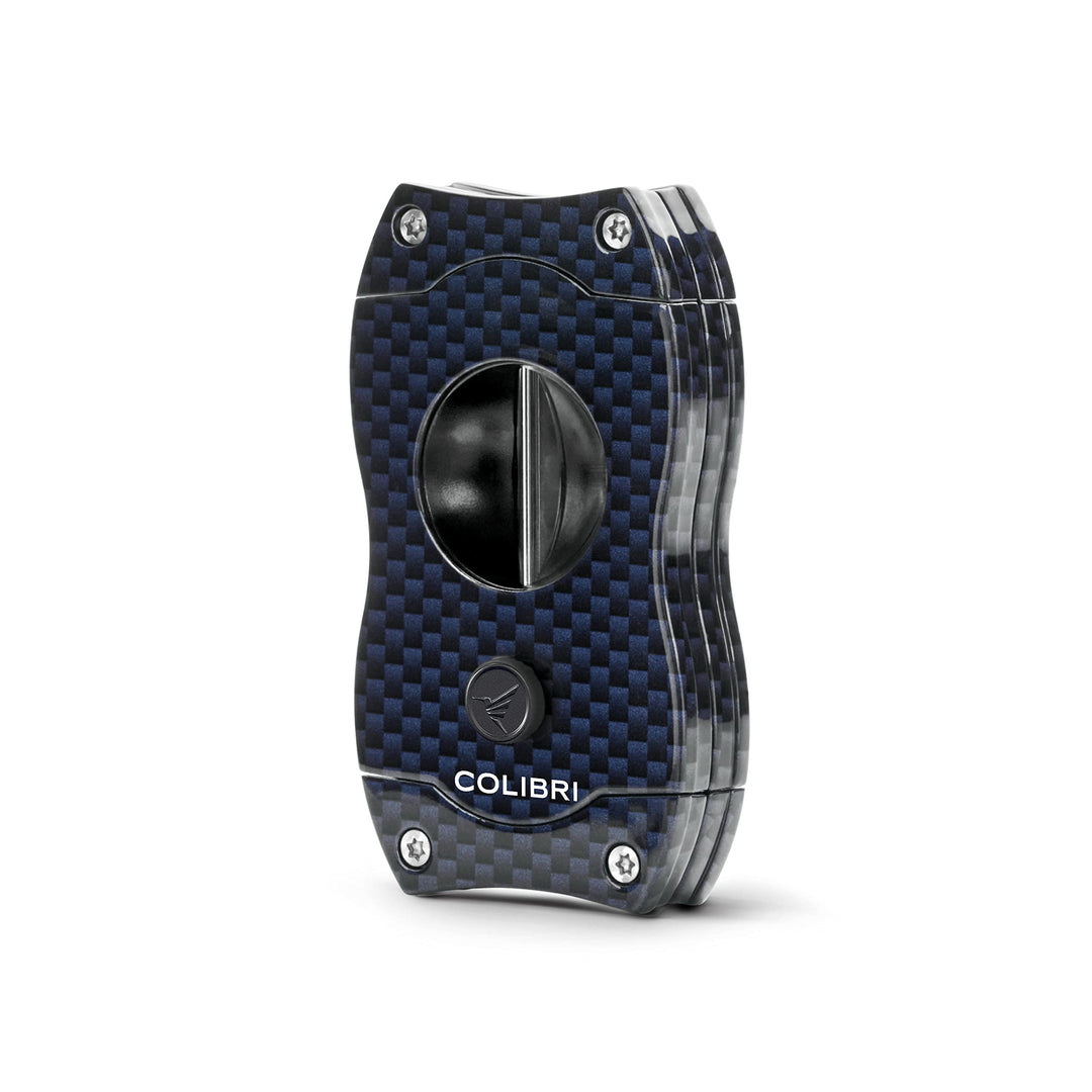 Colibri V-Cut Zigarrenschneider | Blaues Kohlefaserdruck | Federauslöser | Tiefer 7mm V-Schnitt | Bi