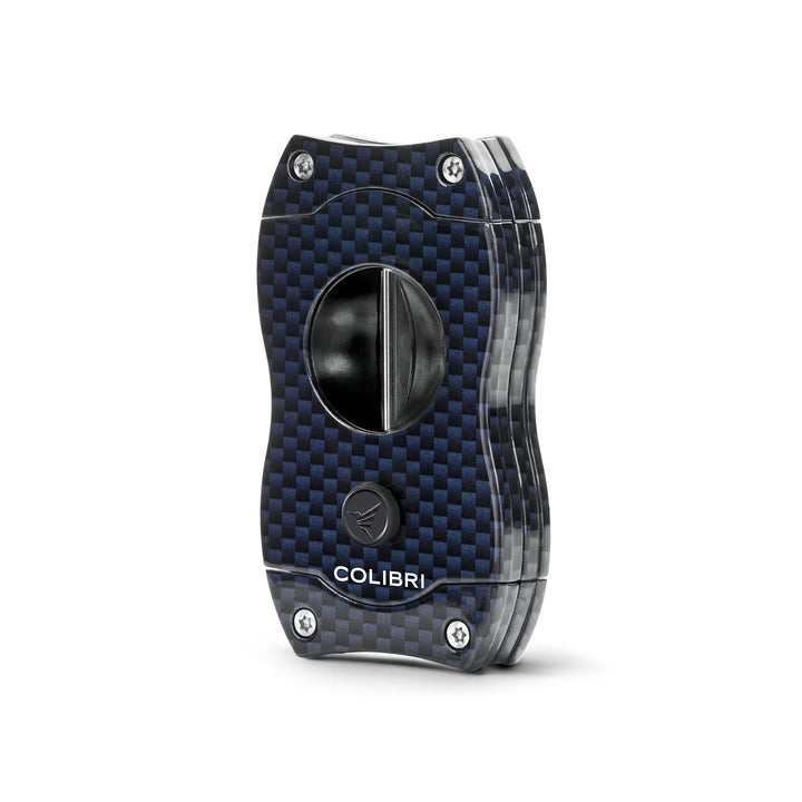 Colibri V-Cut Zigarrenschneider | Blaues Kohlefaserdruck | Federauslöser | Tiefer 7mm V-Schnitt | Bi