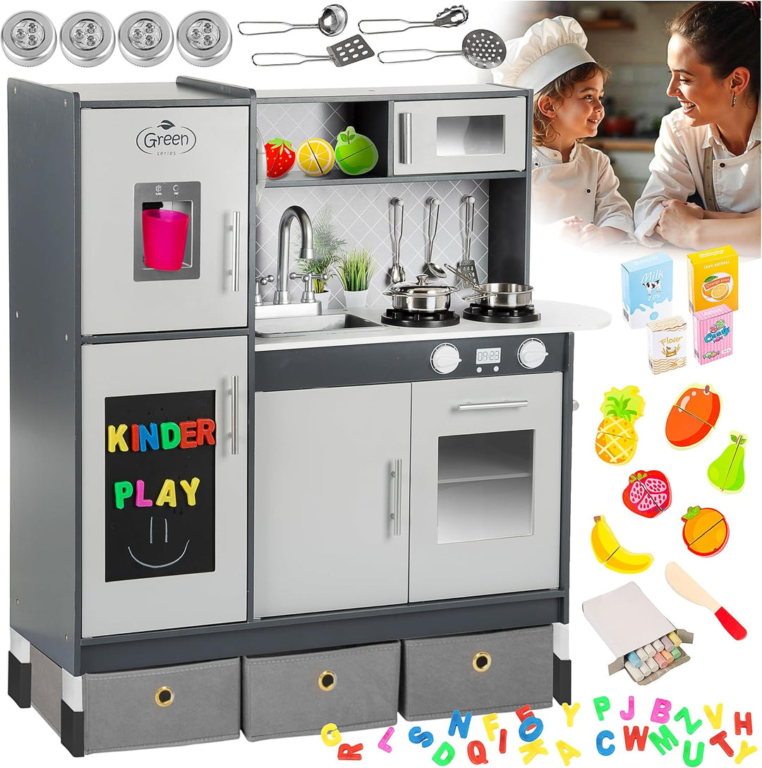Green series Grosse Spielküche Holz - Graue Kinderküche Holz, Kinder küche mit Licht und Sound, Spie