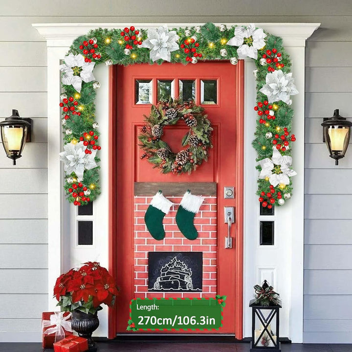 Timiyou Weihnachtsgirlande, 270cm Tannengirlande mit Blumen und Rote Beere, Weihnachtsdeko Innen Aus