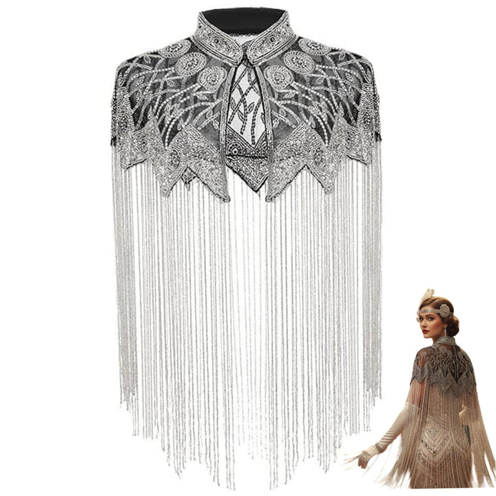 Perlenumhang langer Fransen Pailletten Schal Vintage inspirierter Glitzer Schal Silber, Silber