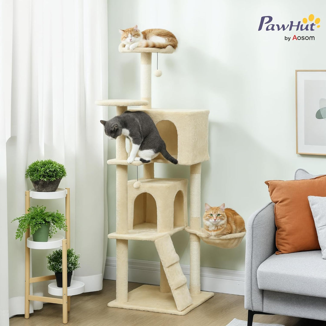 PawHut Kratzbaum, 160 cm hoch Katzenbaum mit 2 Höhlen, Korb, Hängematte, 2 Bällen, Katzenbett mit Ka