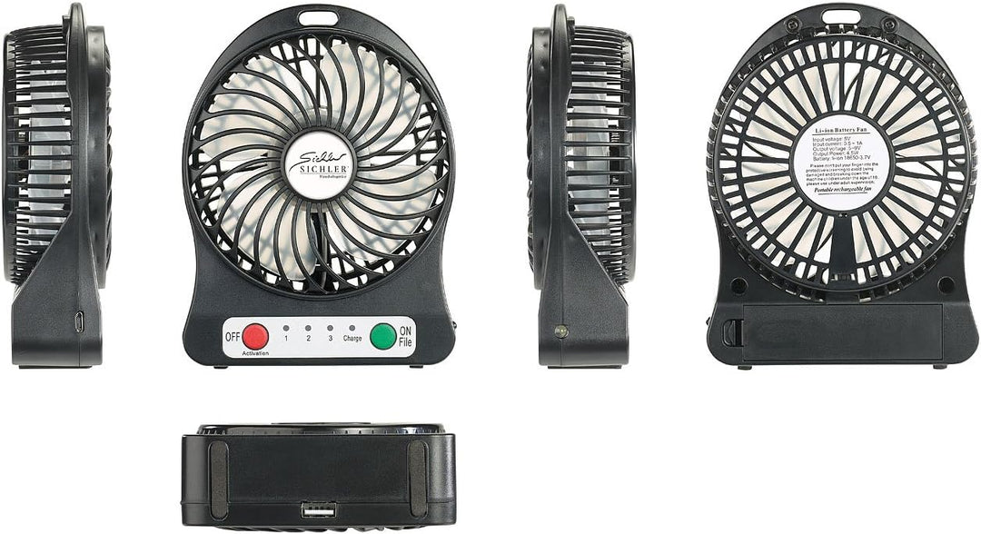 Sichler Haushaltsgeräte Ventilator mit Batterie: 3in1-Akku-Tisch-Ventilator mit Powerbank-Funktion &