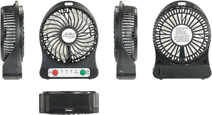 Sichler Haushaltsgeräte Ventilator mit Batterie: 3in1-Akku-Tisch-Ventilator mit Powerbank-Funktion &