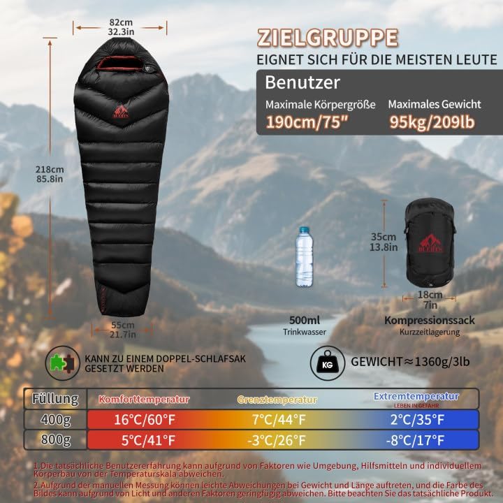Daunenschlafsack Ultraleicht mit kleinem Packmass(620FP/RDS)-Sommerschlafsack für Camping,Trekking,B