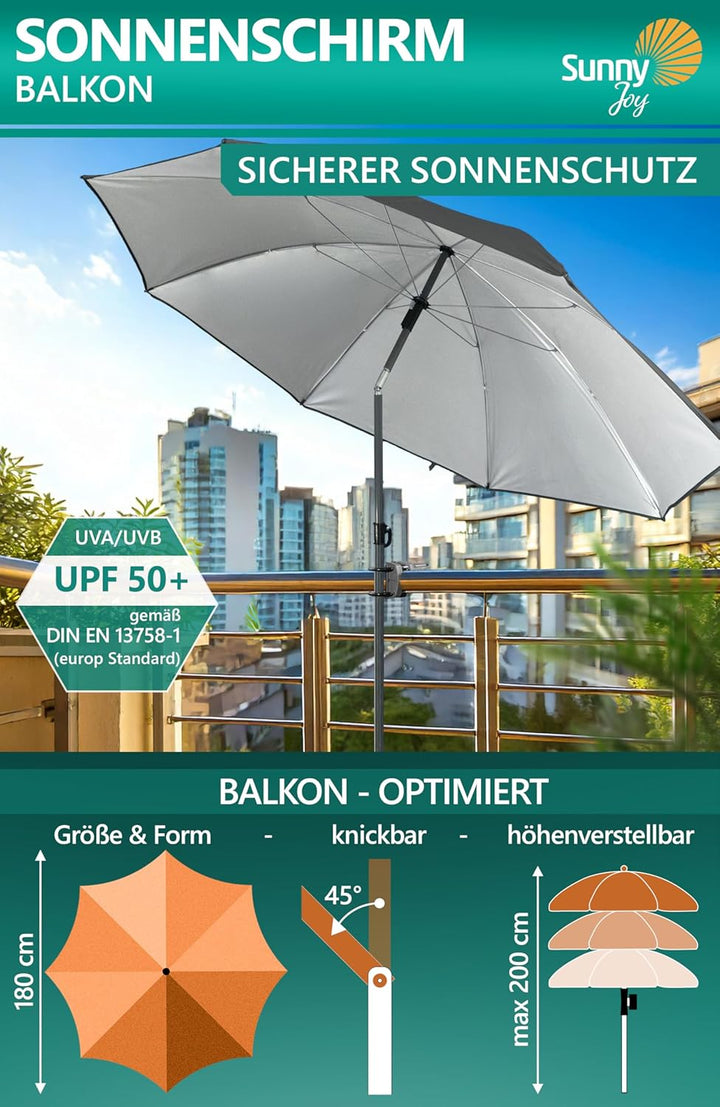 4smile Sonnenschirm Balkon SunnyJoy Ø 180 cm, 3-IN-1 Set - UPF 50+ Balkon Schirm + Sonnenschirmhalte