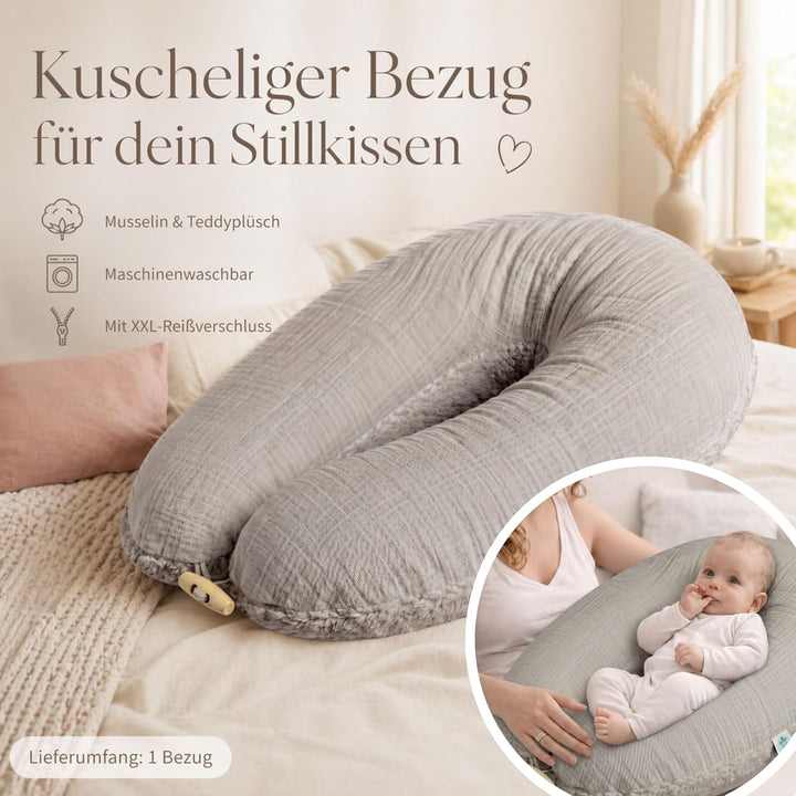 sei Design Stillkissenbezug 4-lagiger Musselin Teddyplüsch XXL 190 x 35 cm Grau – GOTS Bio-Baumwolle