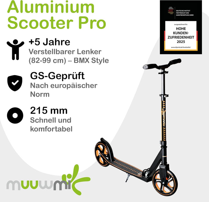 muuwmi Aluminium Scooter Pro – Tretroller, 215 mm, ABEC 7, für Kinder und Erwachsene, GS-geprüft, hö