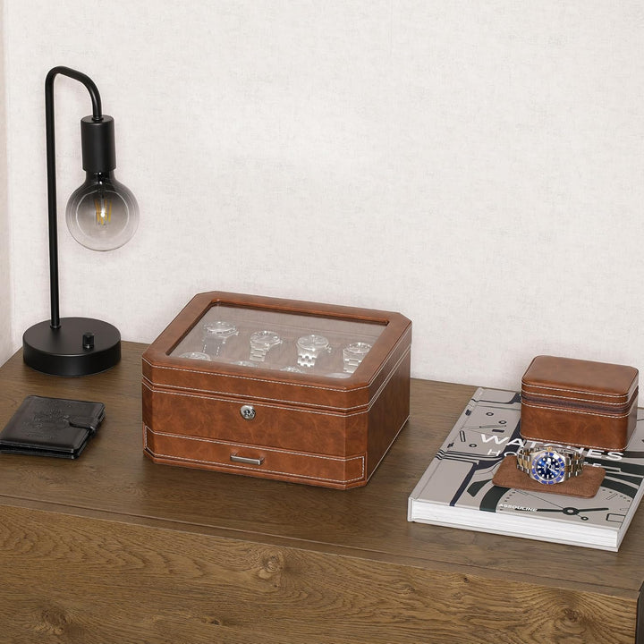 ROTHWELL Uhrenbox aus Leder mit 8 Schlitzen und Aufbewahrungsschublade – Luxus-Uhrengehäuse, Schmuck