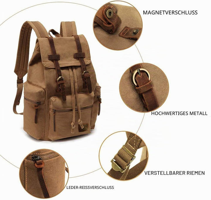 Retro Segeltuch Rucksack, Canvas Vintage Rucksack Laptop Daypack Schulrucksack Reisetasche Lederruck