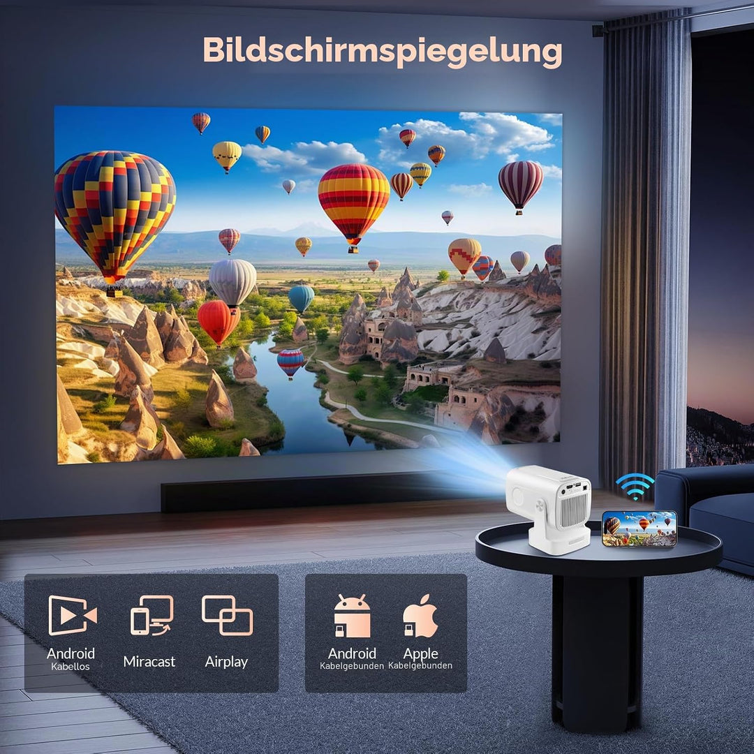 Smart Mini Beamer Mini tragbarer Projektor 1080P mit WiFi & Bluetooth, Mini Beamer 4k mit 180°Dreh T