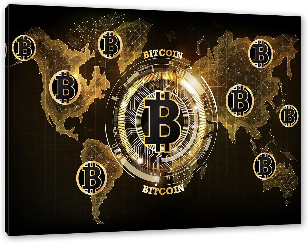 Pixxprint Weltkarte des Bitcoin BTC als Leinwandbild | Grösse: 120x80 cm | Wandbild | Kunstdruck | f