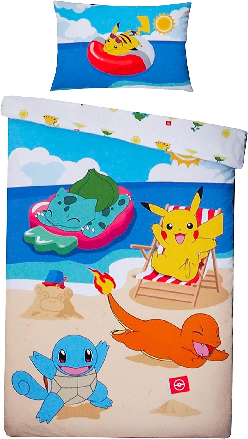 Halantex Bettbezug Pokémon Sunny Single, 100% Baumwolle, europäische Grösse, 140 cm x 200 cm, Blau/W