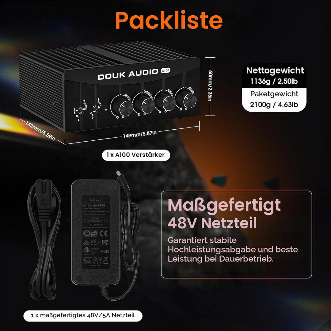 Douk Audio A100 TPA3255 Verstärker, 300 Watt x2 Digitaler Leistungsverstärker, Stereo/Mono Kanal SUB
