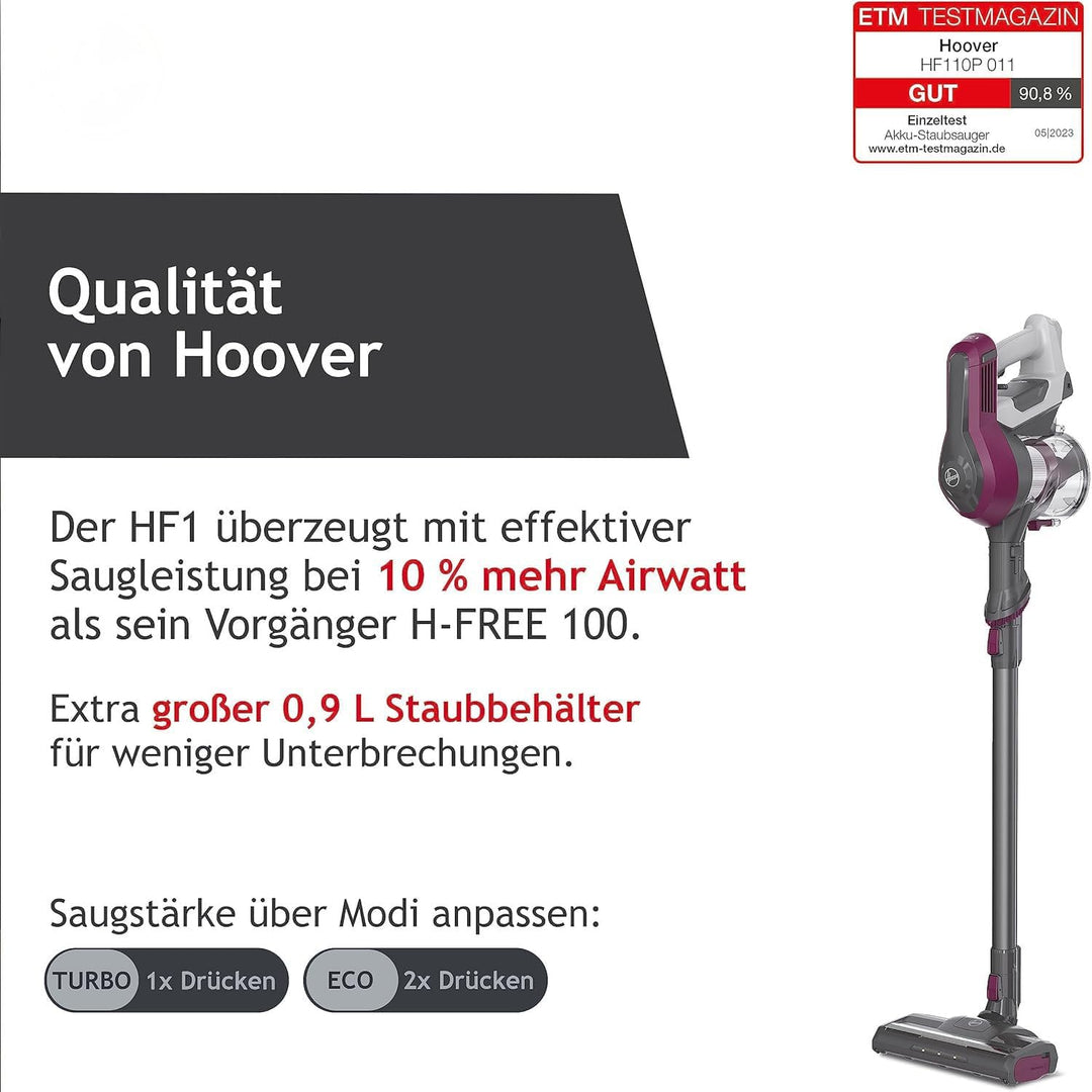 Hoover Akku-Staubsauger ohne Beutel + Tierdüse I bis zu 120 m² mit 1 Akkuladung I Staubsauger kabell