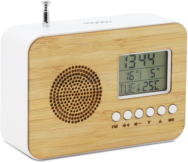 Mooov 477320 Reisewecker Bamboo, LCD-Display, integriertes Radio, Sleep-Funktion, Innentemperaturanz