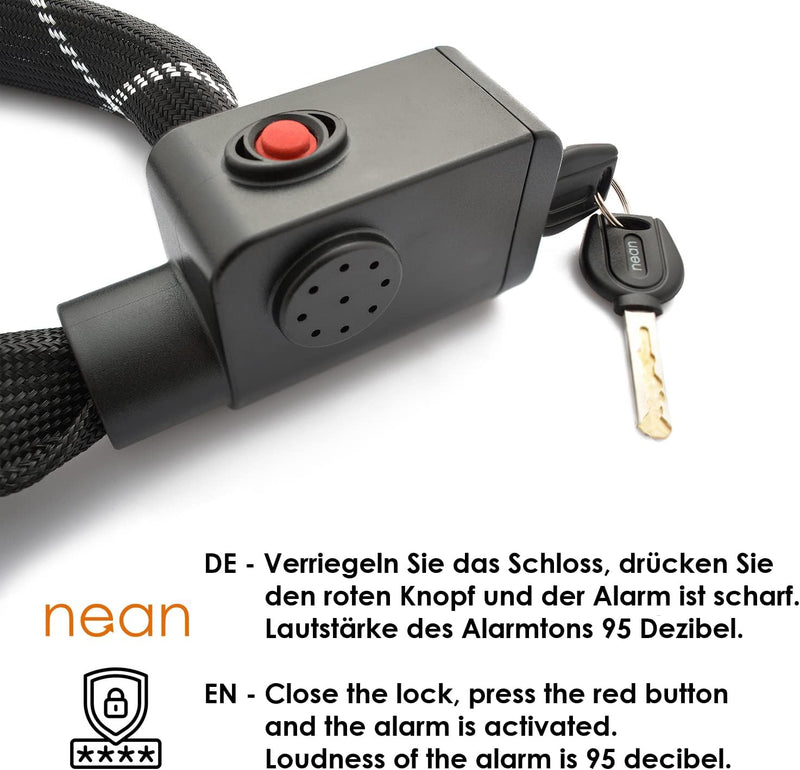 nean Fahrradschloss mit Alarm, Fahrrad Alarmschloss mit gehärteter Vierkant Kette und 2x Sicherheit-