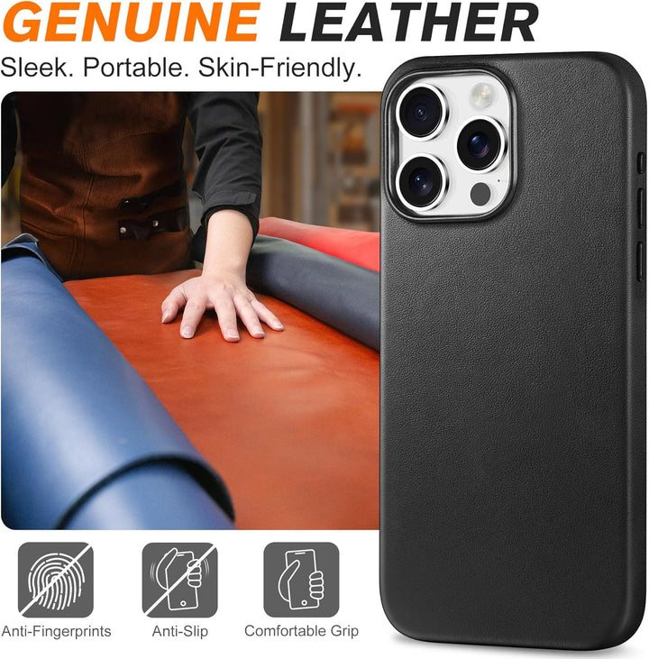 SHIELDON Hülle für iPhone 15 Pro Max Handyhülle Schutzhülle [Echtleder] [Kabellos Laden] [Elegant Au