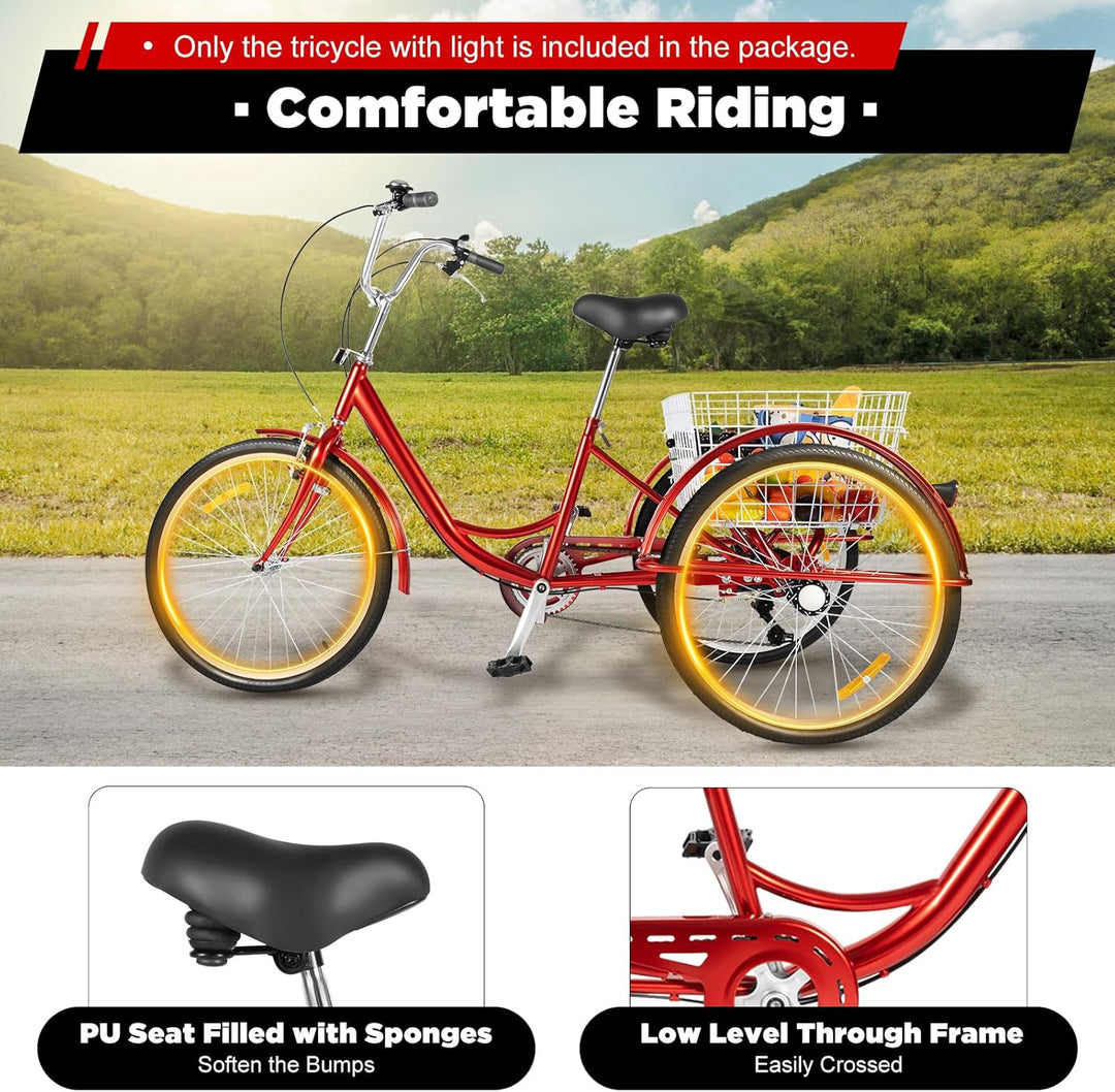 KOLHGNSE Dreirad für Erwachsene, 24 Zoll Dreirad 6-Gang 3-Rad Fahrrad Erwachsene Dreirad Cruise Trik
