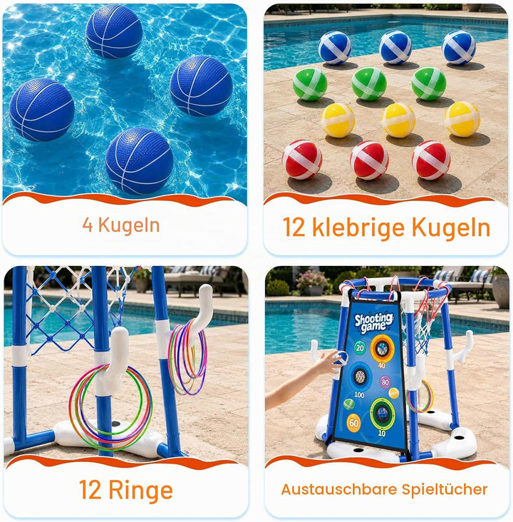 3-In-1 Pool Basketballkorb Outdoor, Schwimmender Basketballkorb, Pool Spielzeug Mit 4 Basketbälle,12