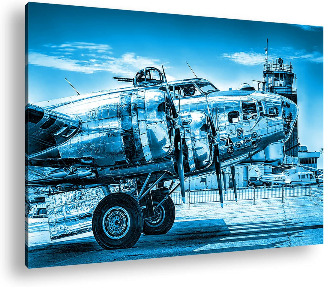deyoli Silbernes Militär Flugzeug Format 80x60 Effekt: Monocrome Blau als Leinwandbild, Motiv fertig