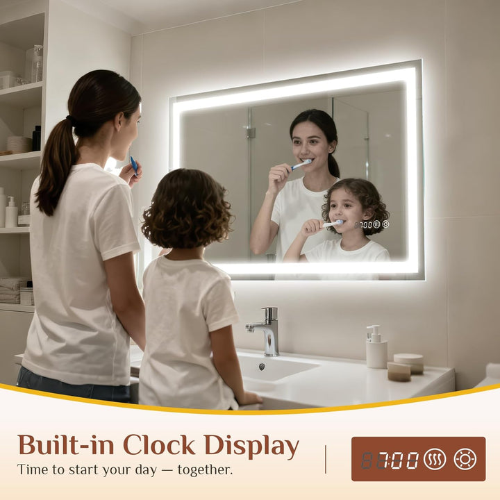Clevich Badspiegel mit Beleuchtung und Uhr 70×50 cm, LED Spiegel mit 3 Lichtfarben dimmbar, gehärtet